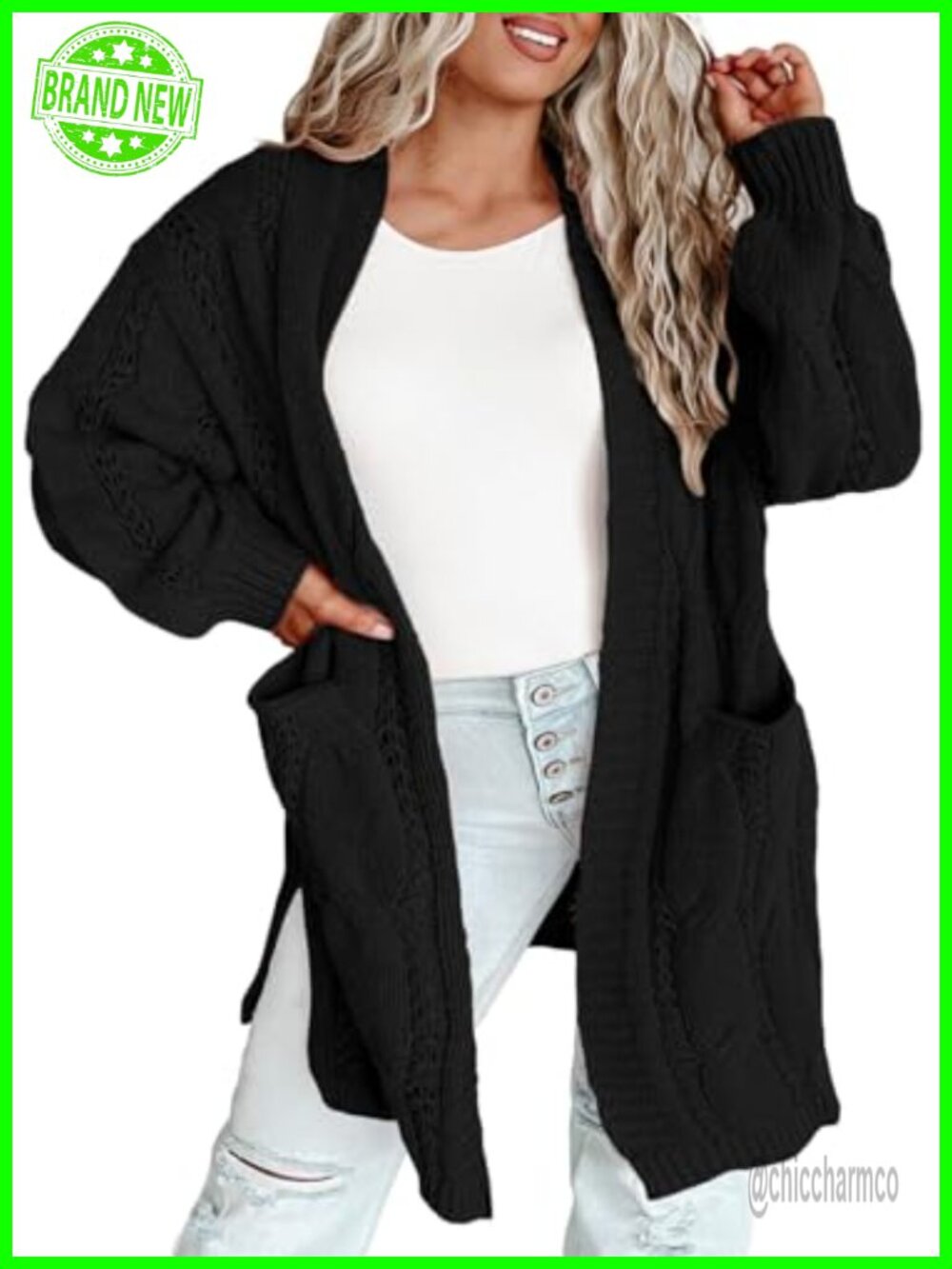 Plus Size Cable Knit Open Front Cardigan Long Sleeve Acrylic Sweater